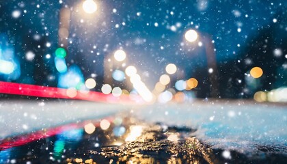 winter abstract blurred background with bokeh blurry night city lights in reflection on a snowy road neon light falling snow snowflakes