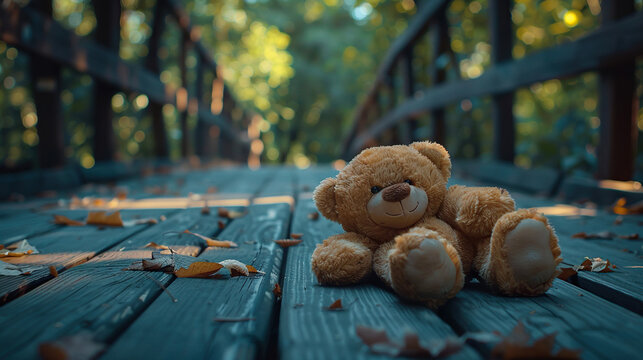 Lost Teddy bear with sad face lying on a bridge with blurry background, Lost toy or Loneliness concept, International missing Children day, 25 may 