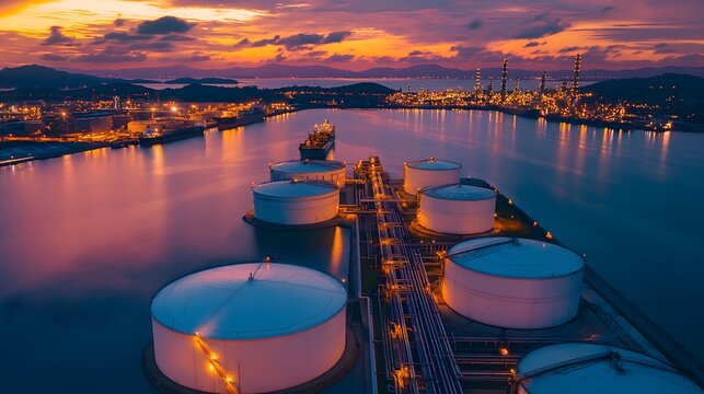 Drohnenaufnahme einer Hafenanlage mit Öltanks und Flüssiggastanks, Tanks voll mit Gas und Öl, Konzept Energieinfrastruktur