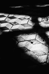 Shady vintage black and white diamond-shaped tile on a floor in an old cafe illuminated by yellow summer sunlight. Calm and mysterious summertime atmosphere. Monochromatic tones - 762757859