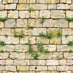 a close up of a brick wall with a bunch of plants growing on the side of it and a clock on the side of the wall.