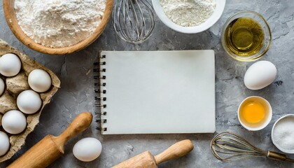 top view mockup of a recipe with baking and cooking ingredients on a grey concrete background - obrazy, fototapety, plakaty