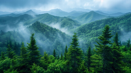 Fototapeta na wymiar Pine tree forest in the mountain mist