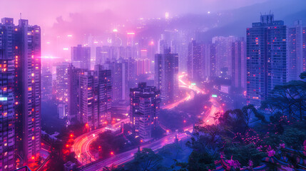 Vibrant Night View of a Modern Cityscape, Featuring Illuminated Skyscrapers and Urban Life in Hong Kong, Showcasing Dynamic Architecture