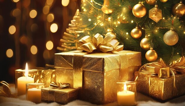 a christmas background image featuring gold wrapped presents a christmas tree and candlelight creating a rich and festive ambiance photorealistic illustration