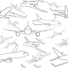 Vector seamless pattern with airplane. Black and white style. Flat style