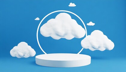 3d render blue background with white clouds flying in front of circle shape minimal scene empty blank for mockup product display with copy space for text