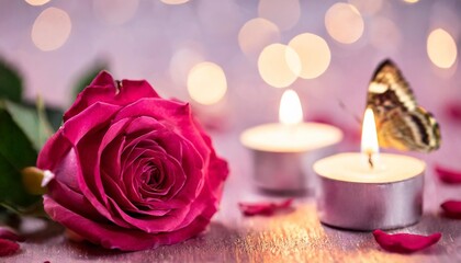 valentine s day background in pink tones with butterflies rose flowers and burning candles horizontal luxury glamour romantic backdrop
