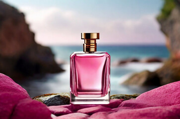 Perfume in a pink glass bottle stands on a rock against a background of ocean and blue sky. Mockup of a perfume bottle on the beach