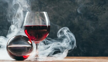 glasses of red wine and crystal ball with smoke on dark background