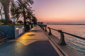 Evening view of Abu Dhabi corniche, United Arab Emirates. - 762760853