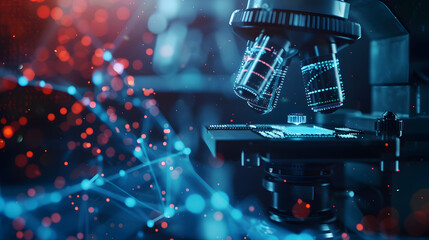 Biotechnology research: microscopic samples, digital analysis, copy space.. A close up of a microscope with a hand in front of it. The image is a representation of the idea of science and discovery. - obrazy, fototapety, plakaty