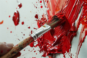 Paintbrush painting red paint on a white painting background painting