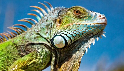 Fototapeta premium beautiful green iguana on a blue background