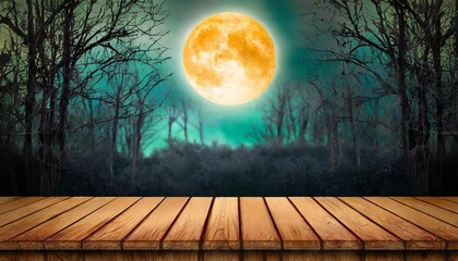 halloween background spooky forest with full moon and wooden table with space for product presentation concept religion and culture