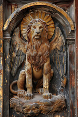 Wooden sculpture of the winged lion of St. Mark the Evangelist.