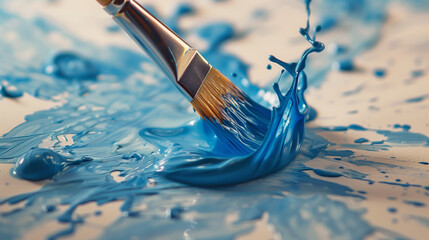 Paintbrush painting blue paint on a white painting background painting