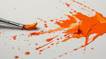 Paintbrush painting orange paint on a white painting background painting