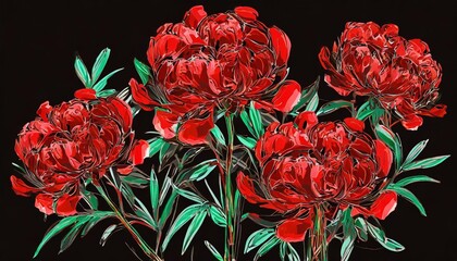 red peonies on a black background