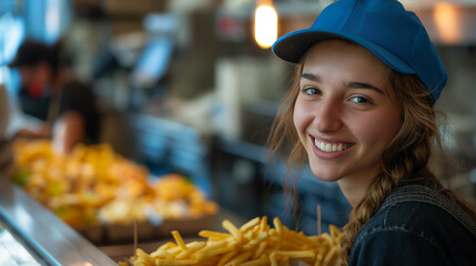 Portrait of young pretty woman staff working in fast food restaurant. Generative AI - 762763036