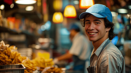 Portrait of young handsome man staff working in fast food restaurant. Generative AI