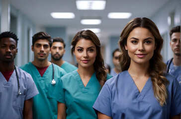 Fototapeta premium Portrait of a smiling medical team. Portrait of a group of doctors. A group of young physician residents against the backdrop of the clinic corridor