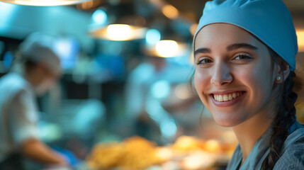 Portrait of young pretty woman working in restaurant kitchen. Generative AI - 762763062