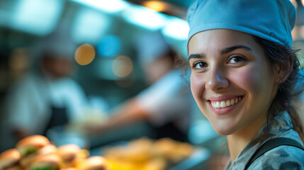 Portrait of young pretty woman working in restaurant kitchen. Generative AI - 762763070