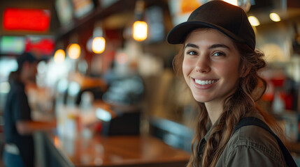 Portrait of young pretty woman staff working in fast food restaurant. Generative AI - 762763072