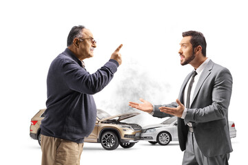 Businessman having an argument with a mature driver after a car accident