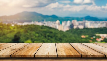 blank wooden tabletop with a blurred city background