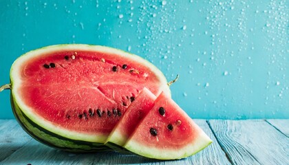 slides fresh of watermelon on light blue background with water drops summer panorama