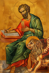 Saint John Mark the Evangelist, winged lion of St Mark. Christian icon.