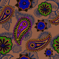 Hand draw seamless pattern with arabic, oriental, indian motiv. Traditional ornament, paisley. Vector illustration