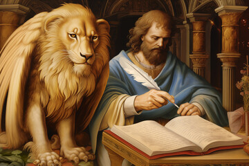 Saint John Mark the Evangelist, winged lion of St Mark. Saint Mark writes the Gospel with a quill pen. Christian painting.