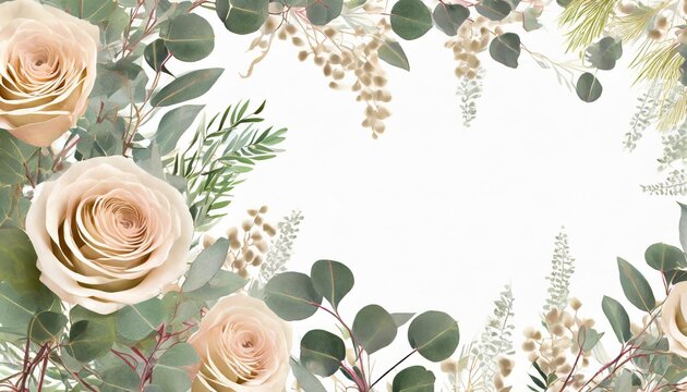 beige rose flowers eringium flower and eucalyptus branches on a white background create a floral border frame copy space image place for adding text or design
