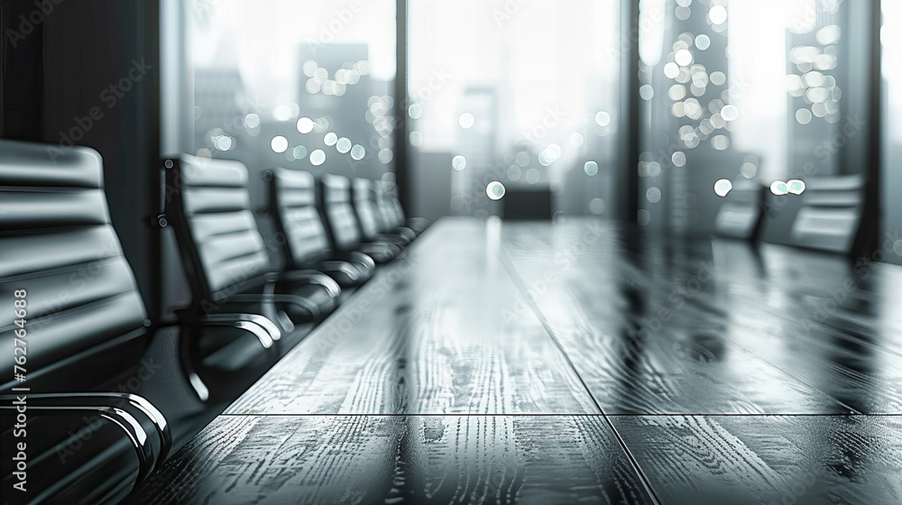 Poster blurred background of a wooden table in a modern, dimly lit setting, creating a mysterious and ambig