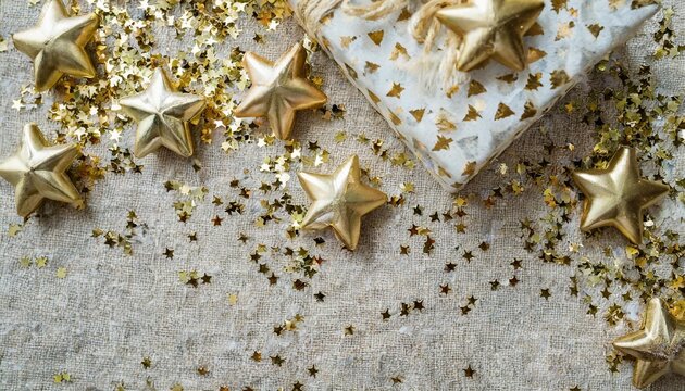 minimalist aesthetic holiday new year web banner design template for business branding gold star confetti on neutral beige linen texture fabric background