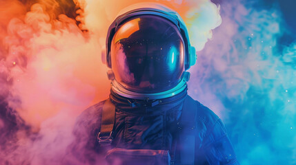 Astronaut in Space Suit Surrounded by Smoke - obrazy, fototapety, plakaty