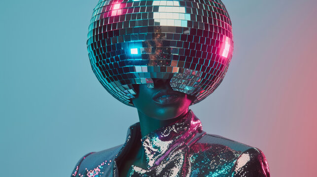 Woman in Silver Shiny Suit With Disco Ball on Head