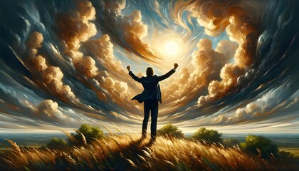 A figure stands triumphantly atop a hill with arms raised, basking in the grandeur of a swirling, dramatic sky illuminated by a radiant sun.

 - obrazy, fototapety, plakaty