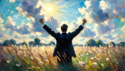 A man with arms raised stands in a field of tall grass under a vibrant sky, rendered in a dynamic, impressionistic painting style.

