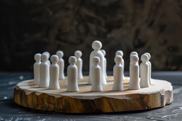 social discrimination concept with many little white paper men around a different one on wooden base and dark background front view