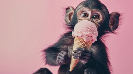 Baby Chimpanzee with Pink Ice Cream Cone