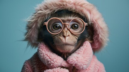 Monkey Wearing Glasses and Pink Coat