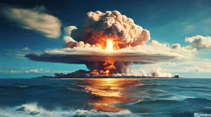 A nuclear detonation of a bomb in the ocean. Mushroom-shaped explosion of a nuclear atomic bomb in the sea	 - obrazy, fototapety, plakaty