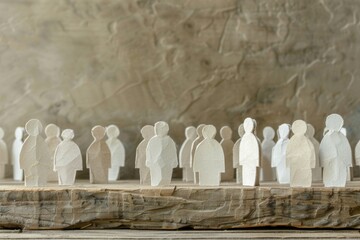 Social discrimination concept with row of many little paper men and a different one excluded on wooden base front view
