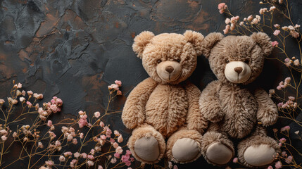 Plush Teddy Bears nestled among a serene arrangement of soft pink flowers and delicate foliage.