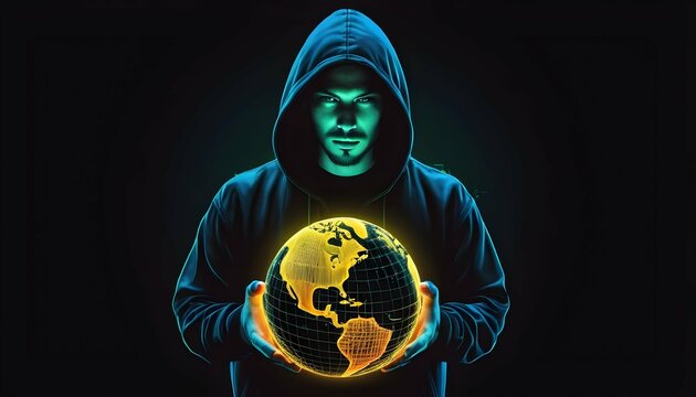 A Hacker Holding A Glowing Neon Globe With Digital Upscaled 4