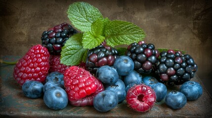 a bunch of berries and raspberries with a green leaf on a piece of cloth with a brown background. - obrazy, fototapety, plakaty
